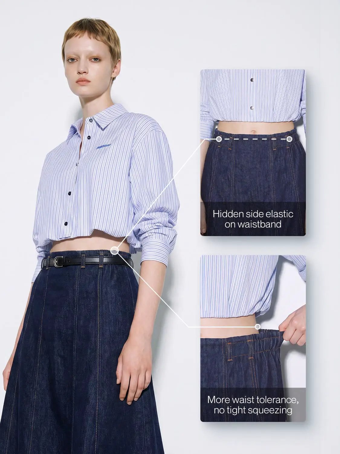 High Waist Side Elastic Waistband Belted Stitched Panel A-Line Denim Midi Skirt
