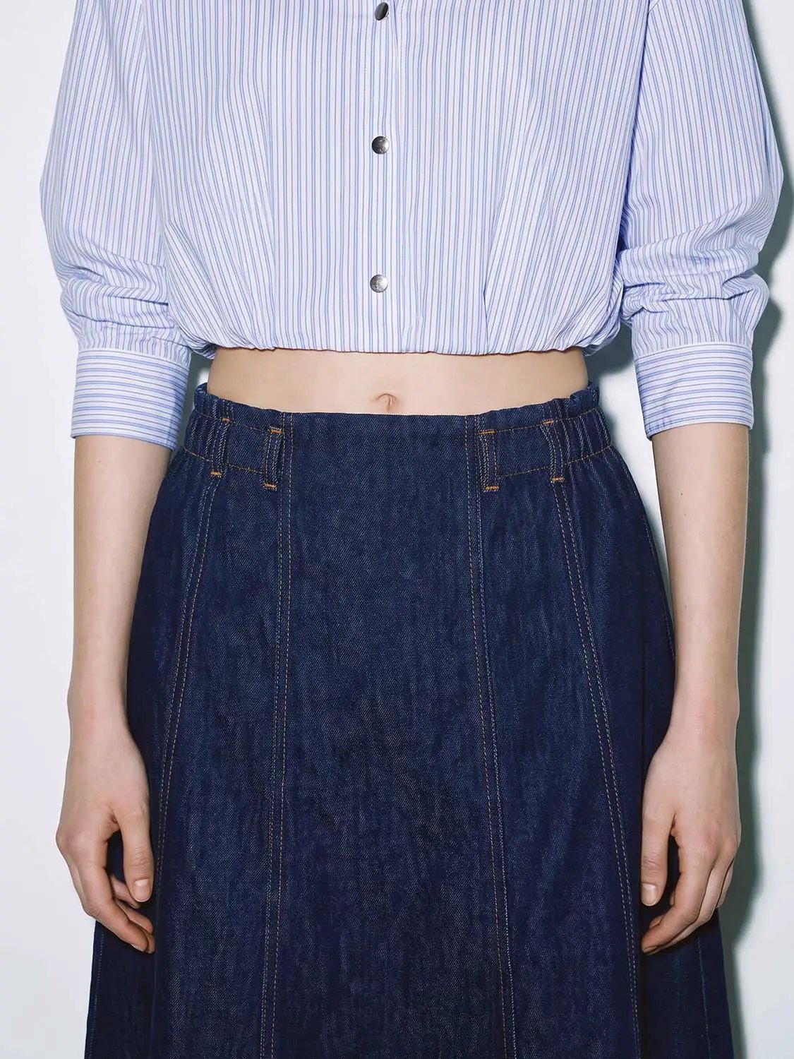 High Waist Side Elastic Waistband Belted Stitched Panel A-Line Denim Midi Skirt