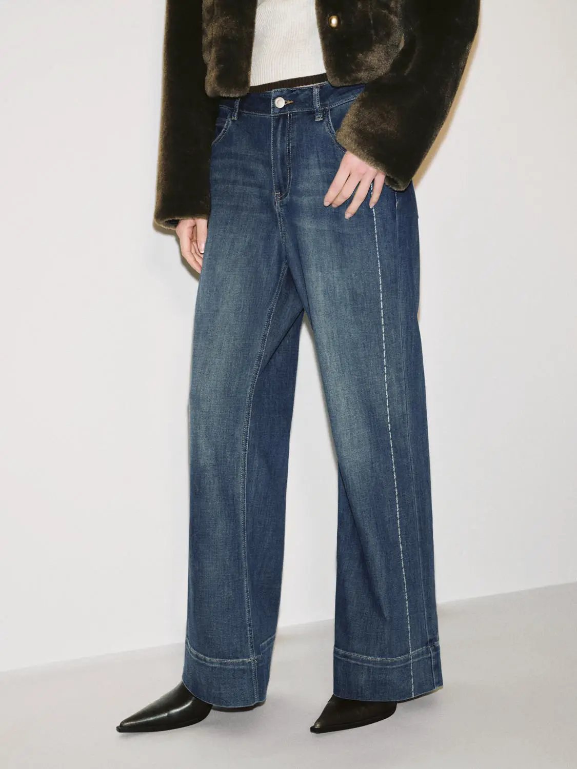 High Waisted Cotton Blend Flared Wide Leg Jeans