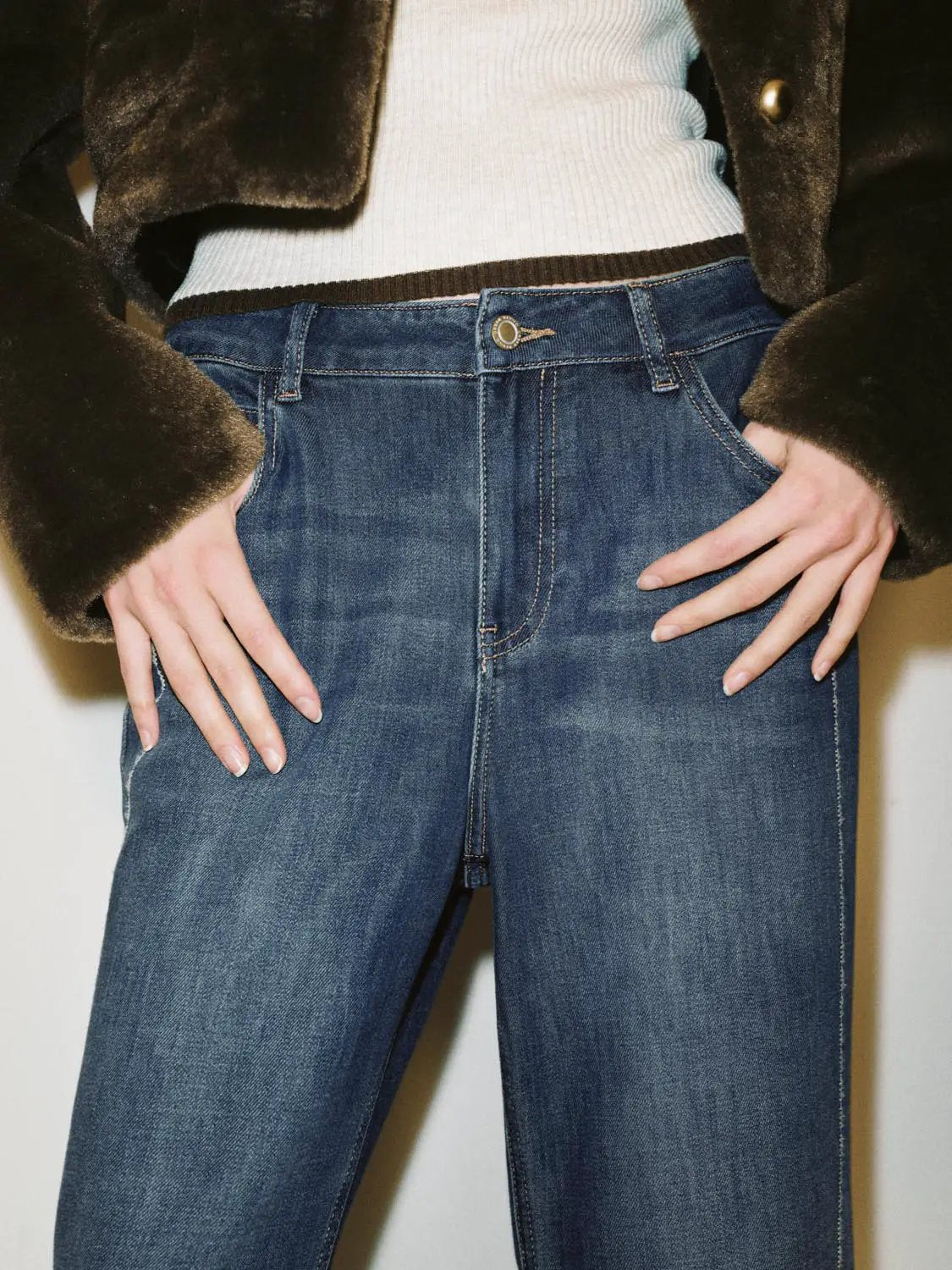 High Waisted Cotton Blend Flared Wide Leg Jeans