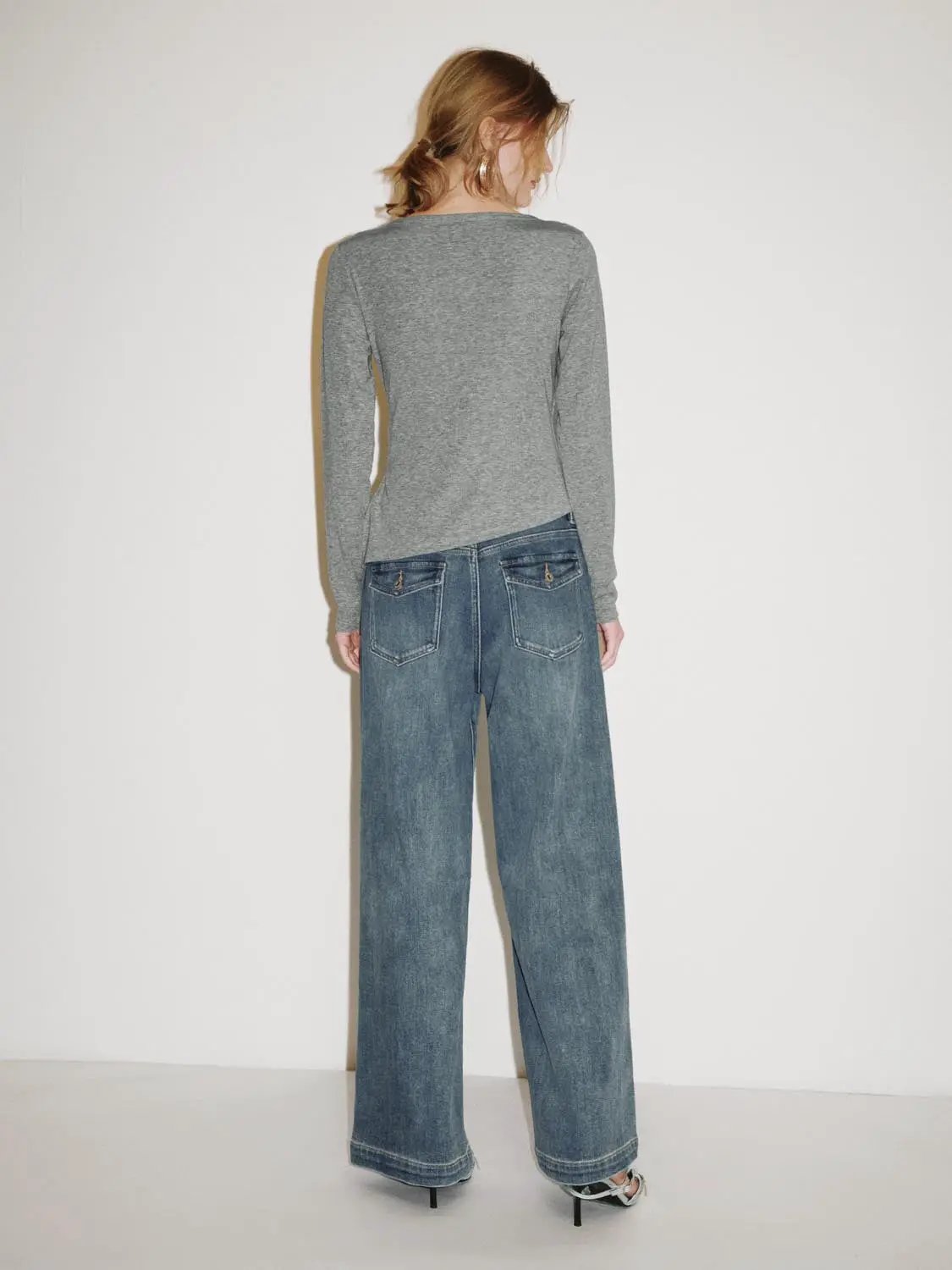 Faded Wide-leg Cuffed Mid-rise Cotton Blend Jeans