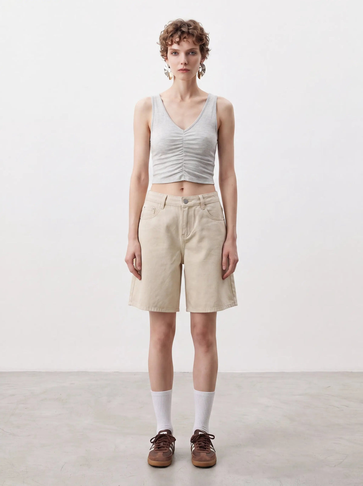 Casual Relaxed Washed Beige Cotton Shorts