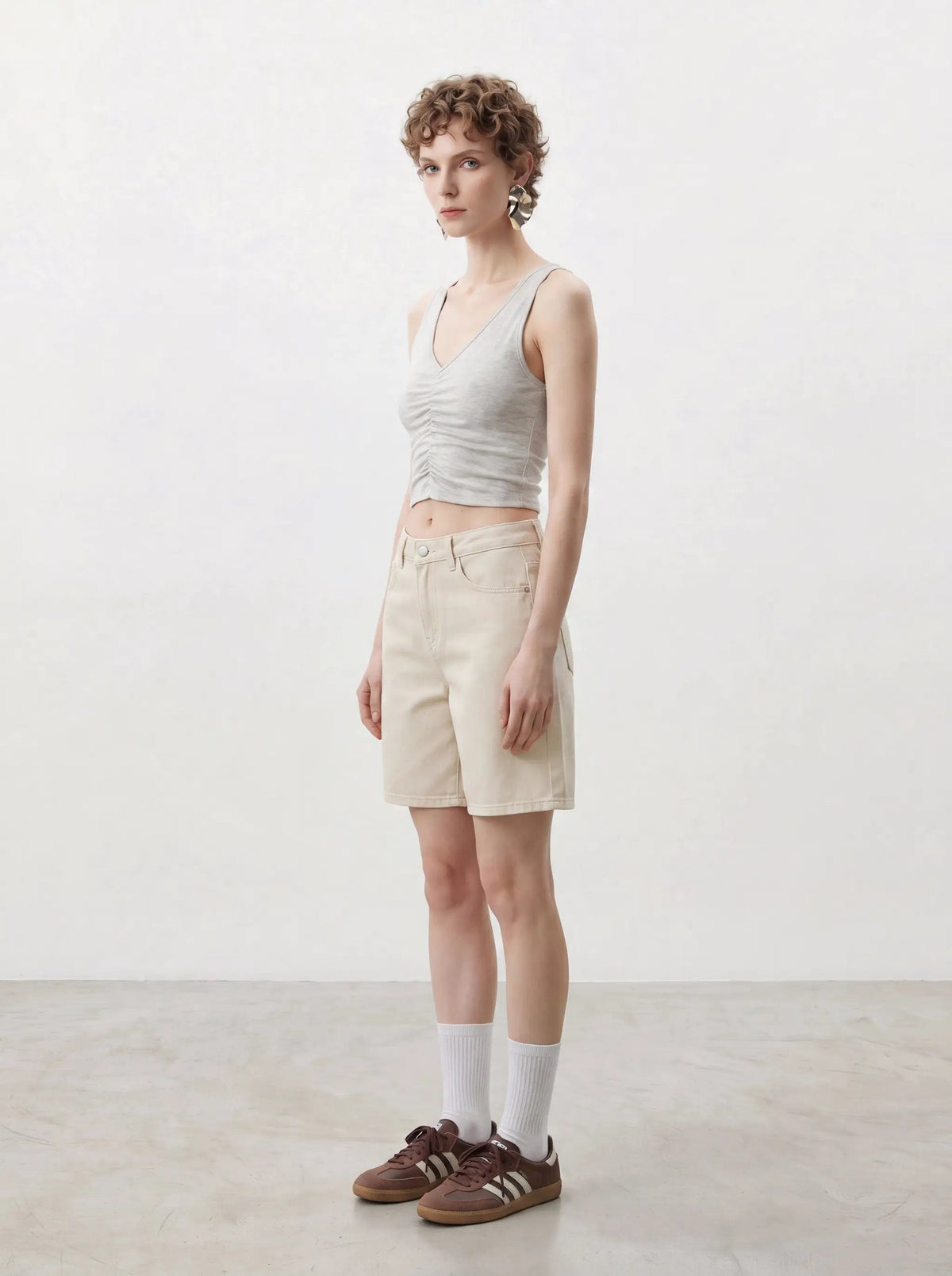 Casual Relaxed Washed Beige Cotton Shorts