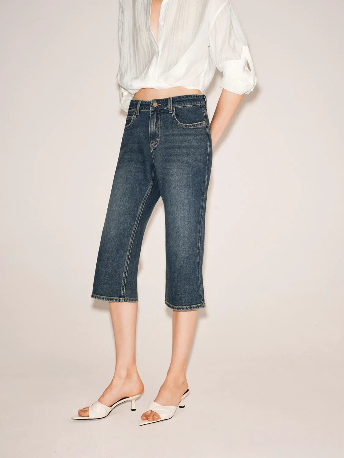 Cropped Denim Cotton Blend Jeans