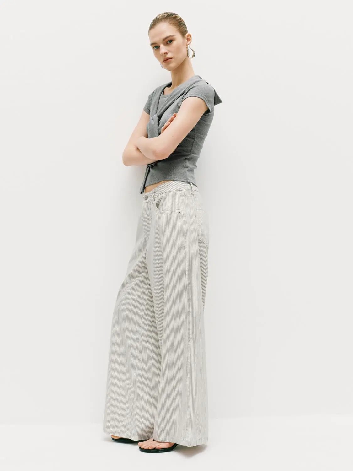 Pinstriped Wide-leg Cotton Lyocell Blend Pants