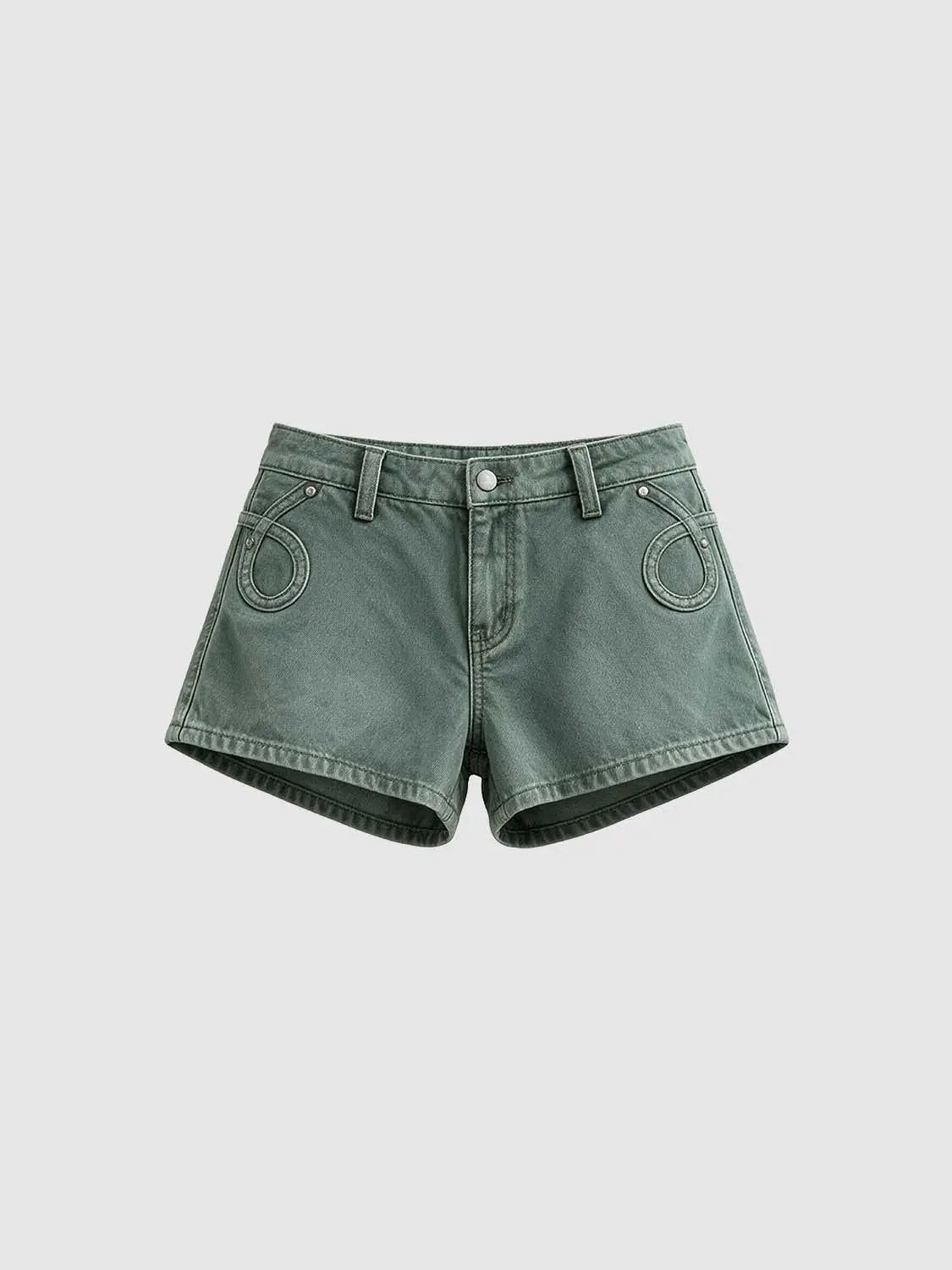 Green Button Pocket Cotton Mid-rise Straight Shorts