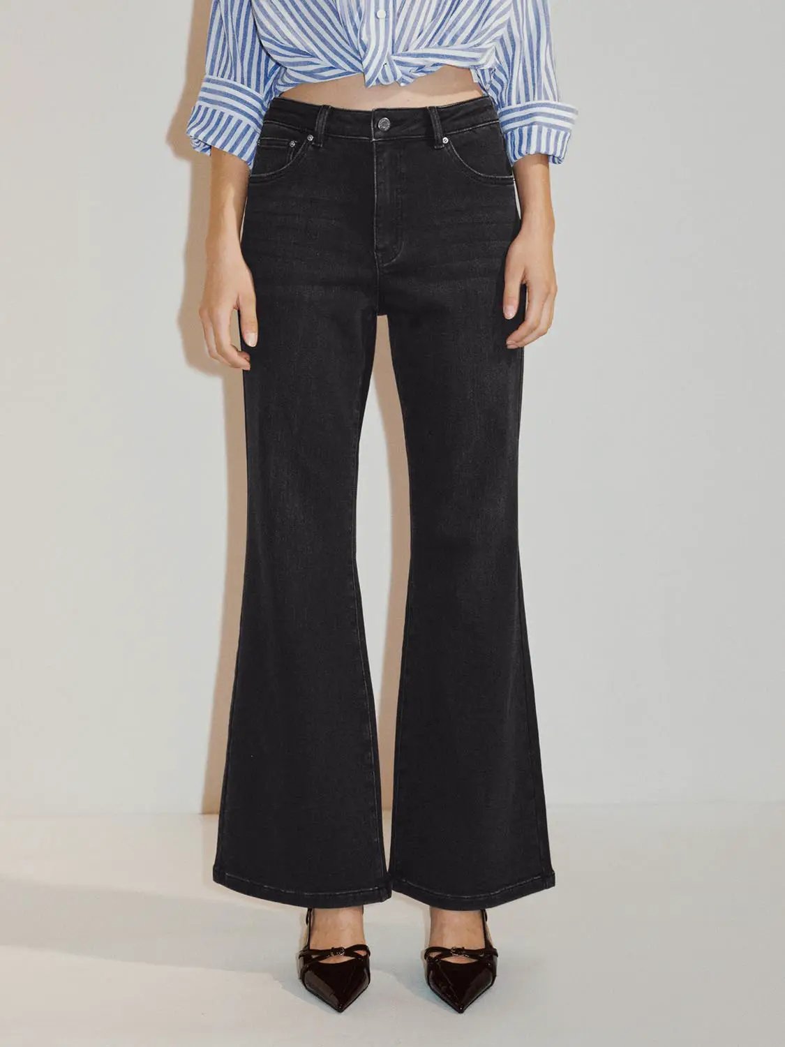 High-waisted Wash Wide-leg Cotton Blend Jeans