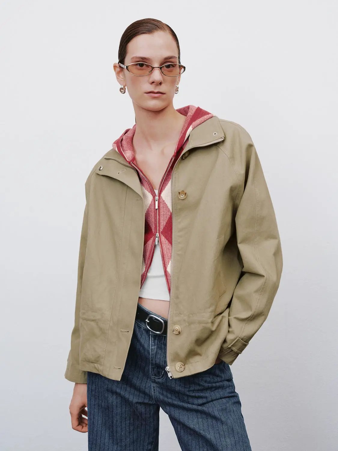 Raglan Button Front Stand Collar Long Sleeve Cotton Jacket