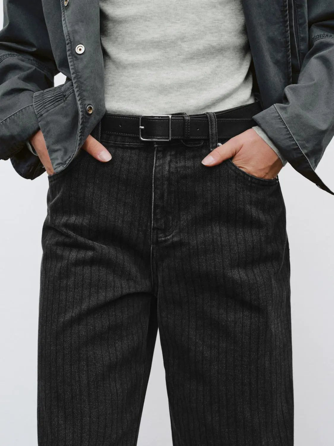 Mid-rise Textured Charcoal Wide-leg Jeans