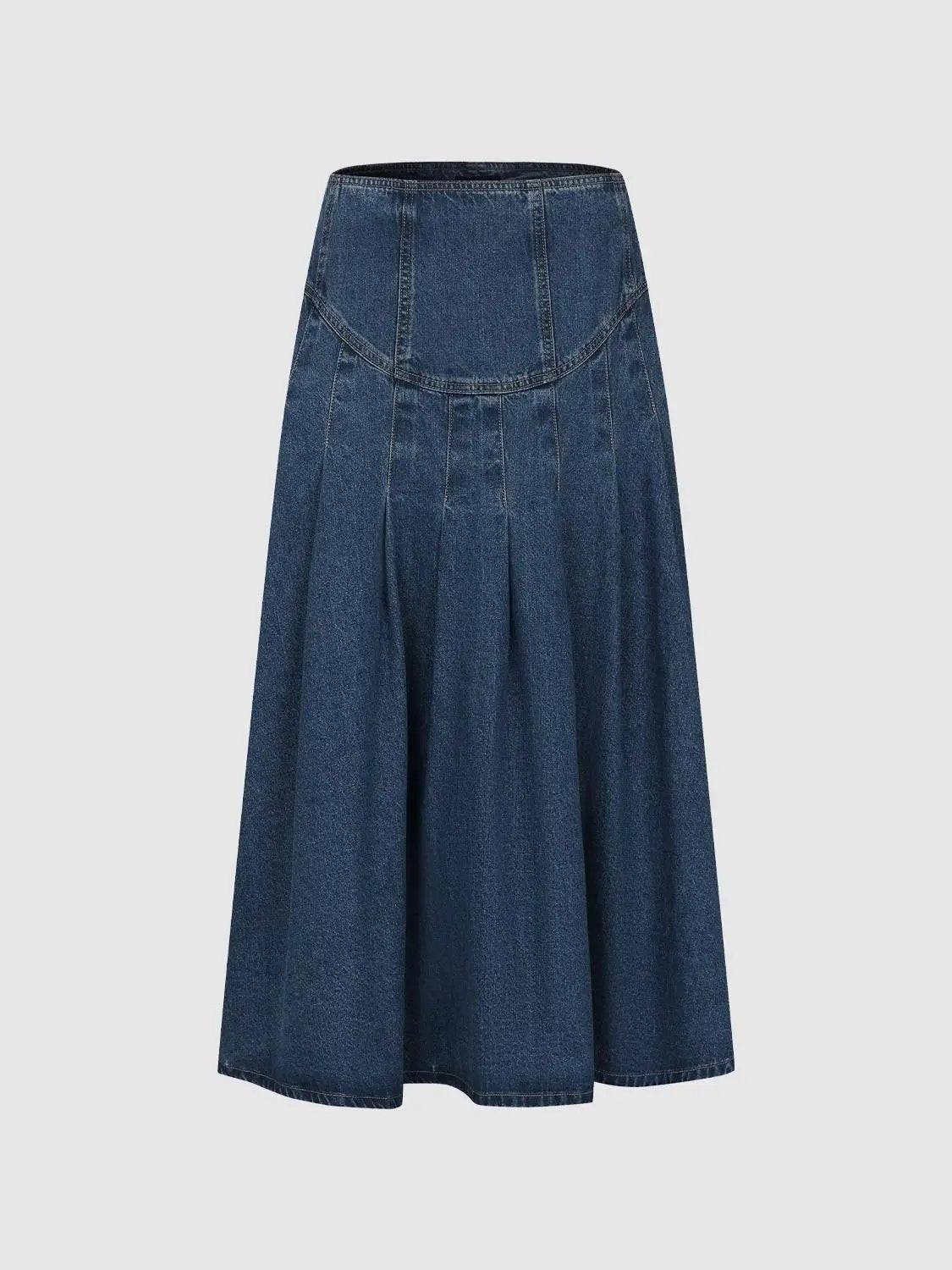 High-waisted Pleated Cotton Denim Maxi Skirt