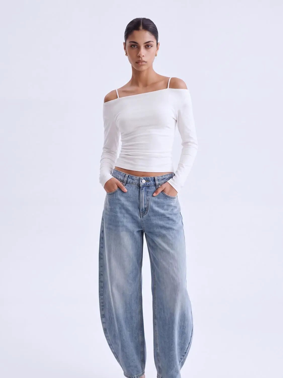 Faded Medium Wash Wide-leg Cotton Jeans