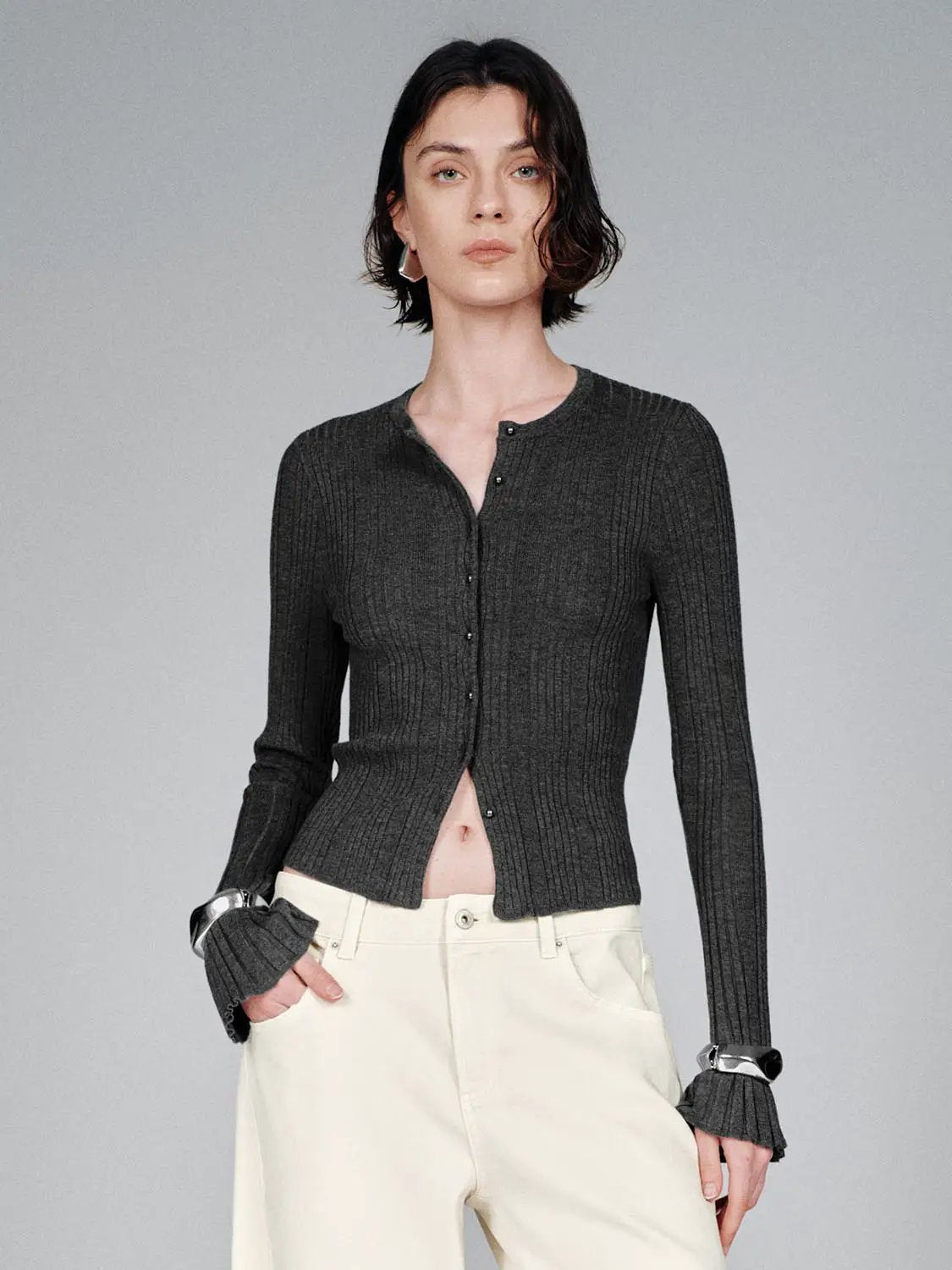Slim Fit Split Hem Ribbed Crew Neck Knit Cardigan