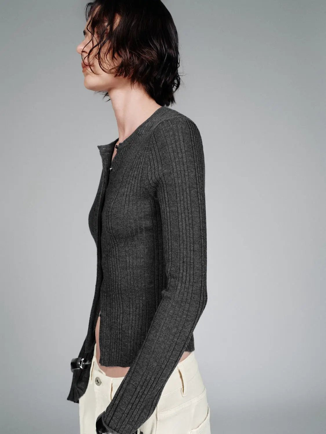 Slim Fit Split Hem Ribbed Crew Neck Knit Cardigan