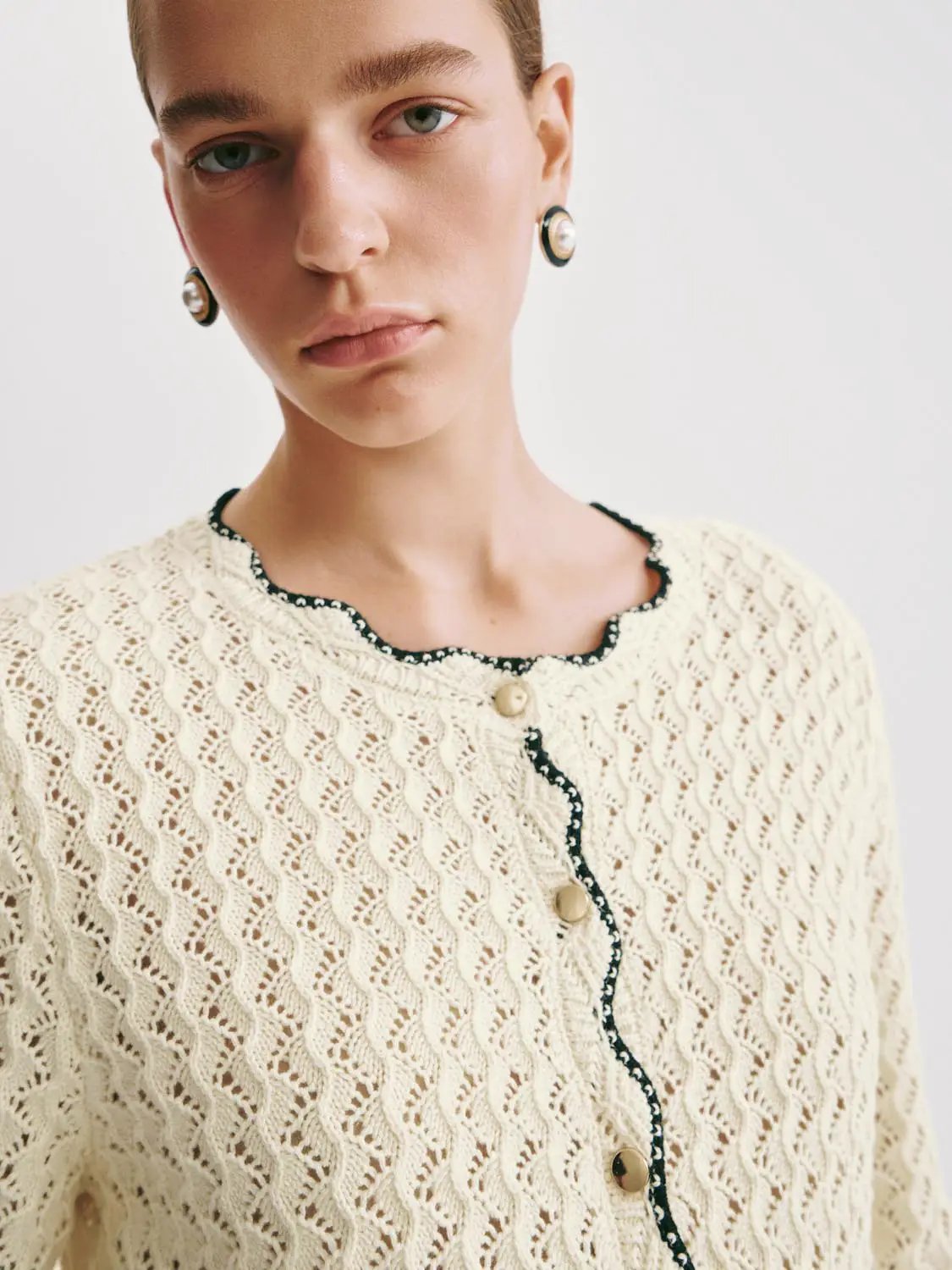 Textured Long Sleeve Contrast Trim Cotton Cardigan