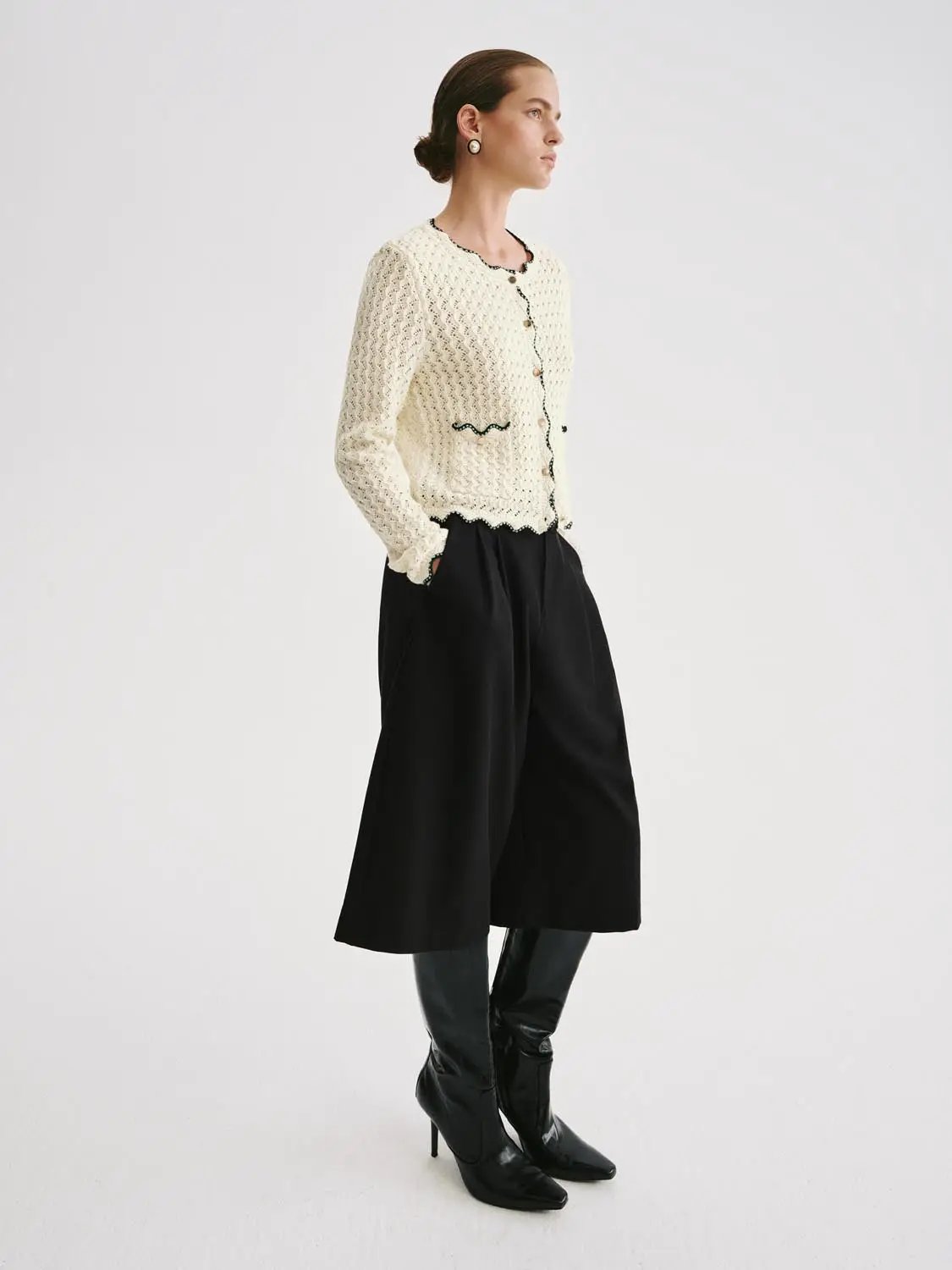 Textured Long Sleeve Contrast Trim Cotton Cardigan