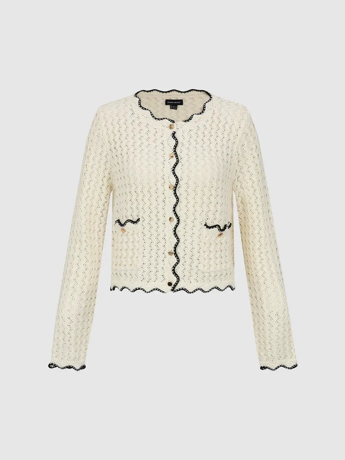 Textured Long Sleeve Contrast Trim Cotton Cardigan