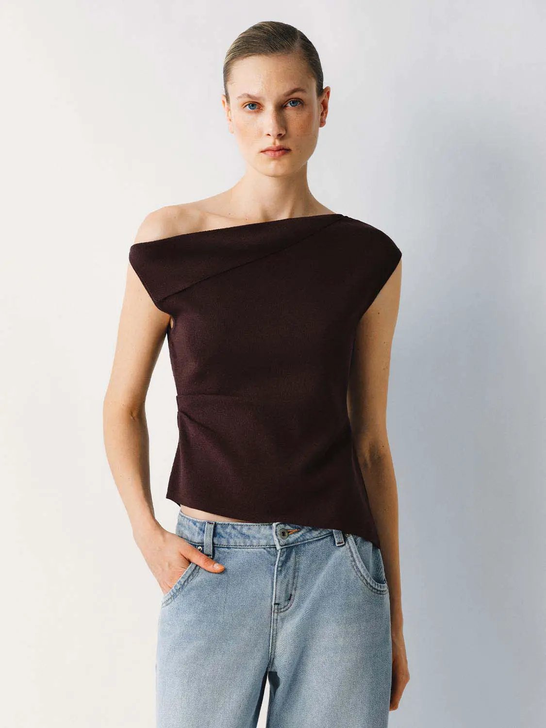 Slim One Shoulder Sleeveless Waist Ruched Irregular Hem Top