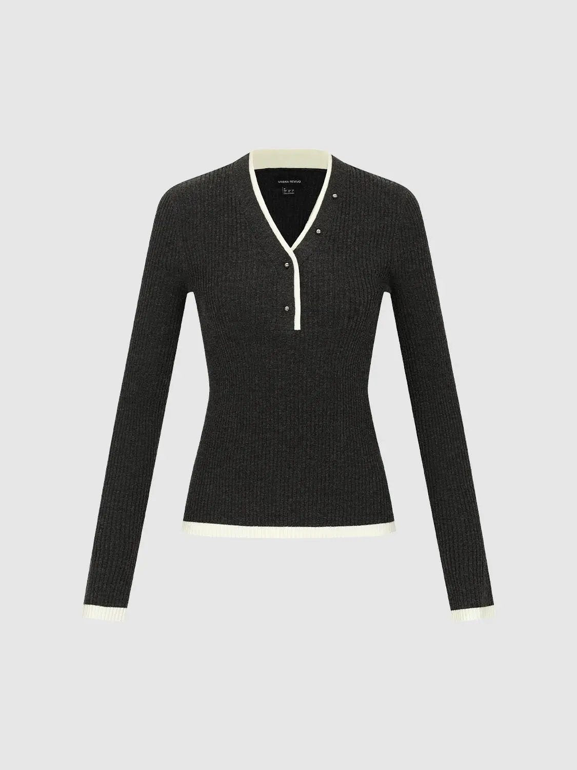 Ribbed Contrast Trim Fitted V-neck Long Sleeve T-Shirt