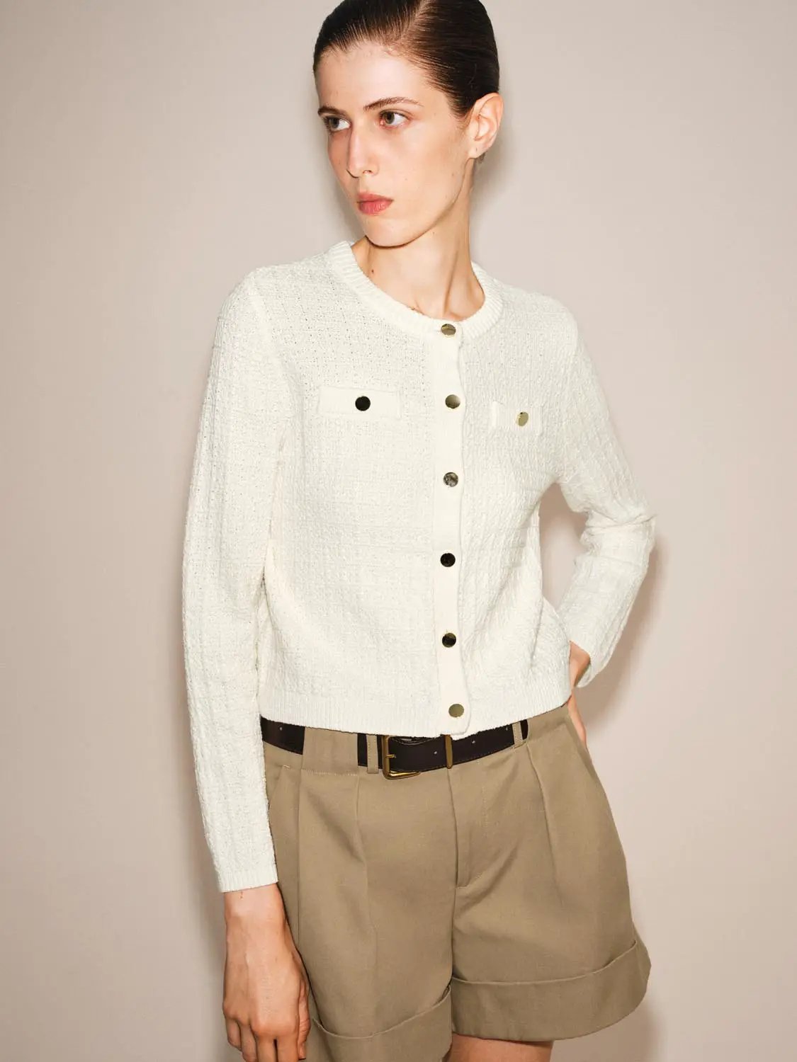 Textured Crew Neck Long Sleeve Knit Cardigan