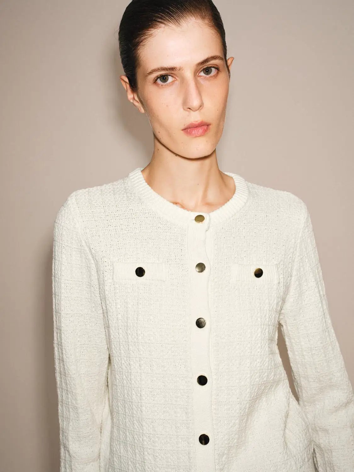 Textured Crew Neck Long Sleeve Knit Cardigan