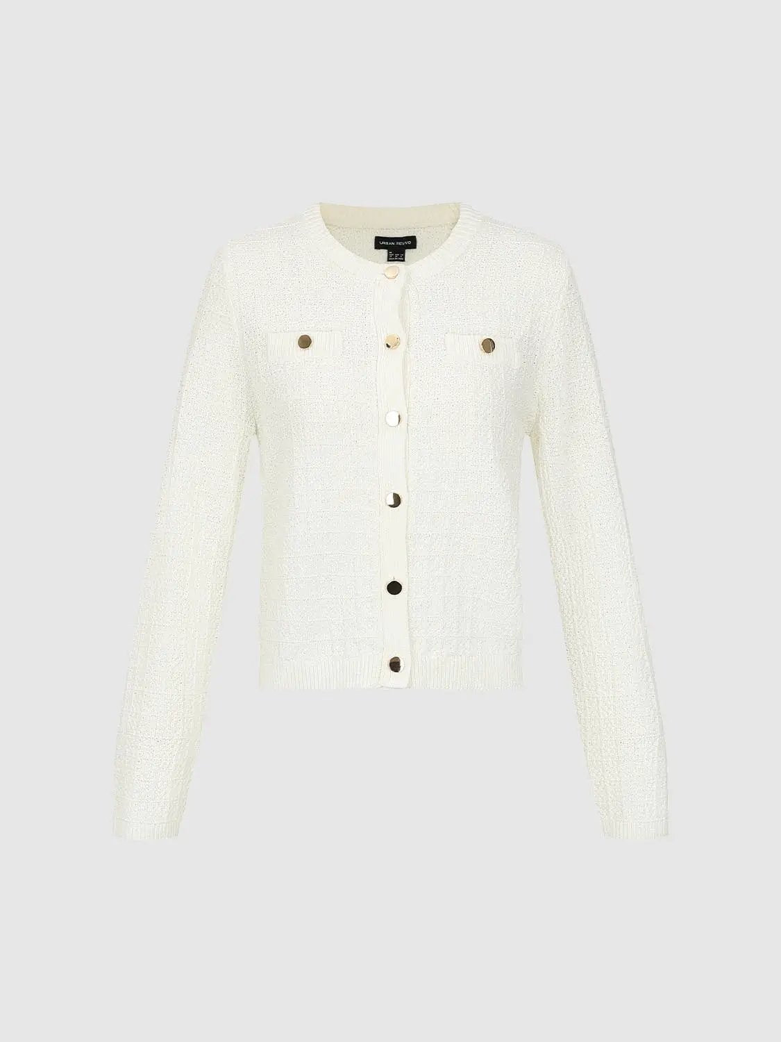 Textured Crew Neck Long Sleeve Knit Cardigan