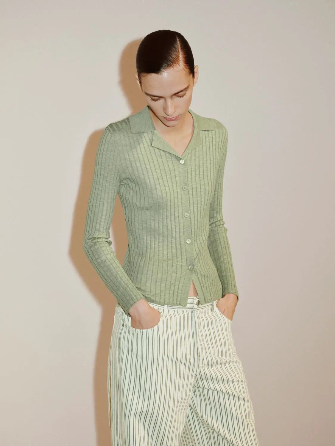 Ribbed Cotton Blend Shirt Collar Cardigan