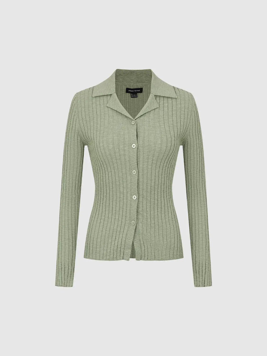 Ribbed Cotton Blend Shirt Collar Cardigan