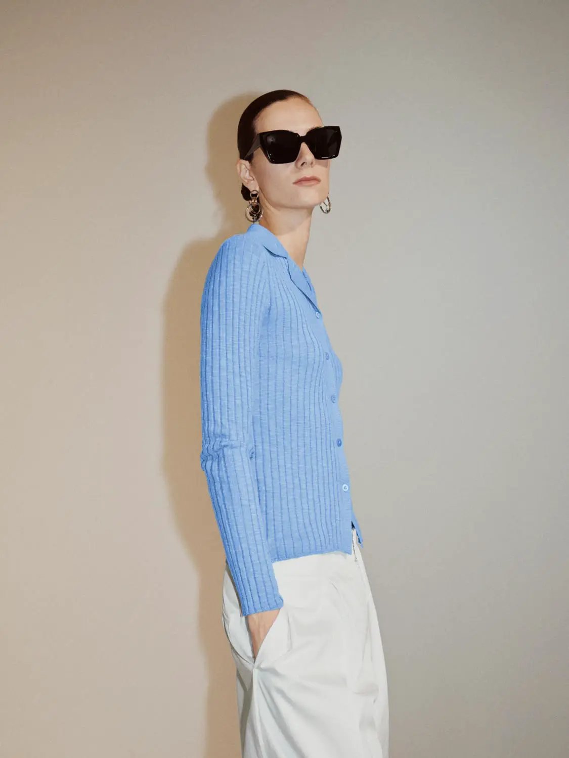 Ribbed Cotton Blend Shirt Collar Cardigan