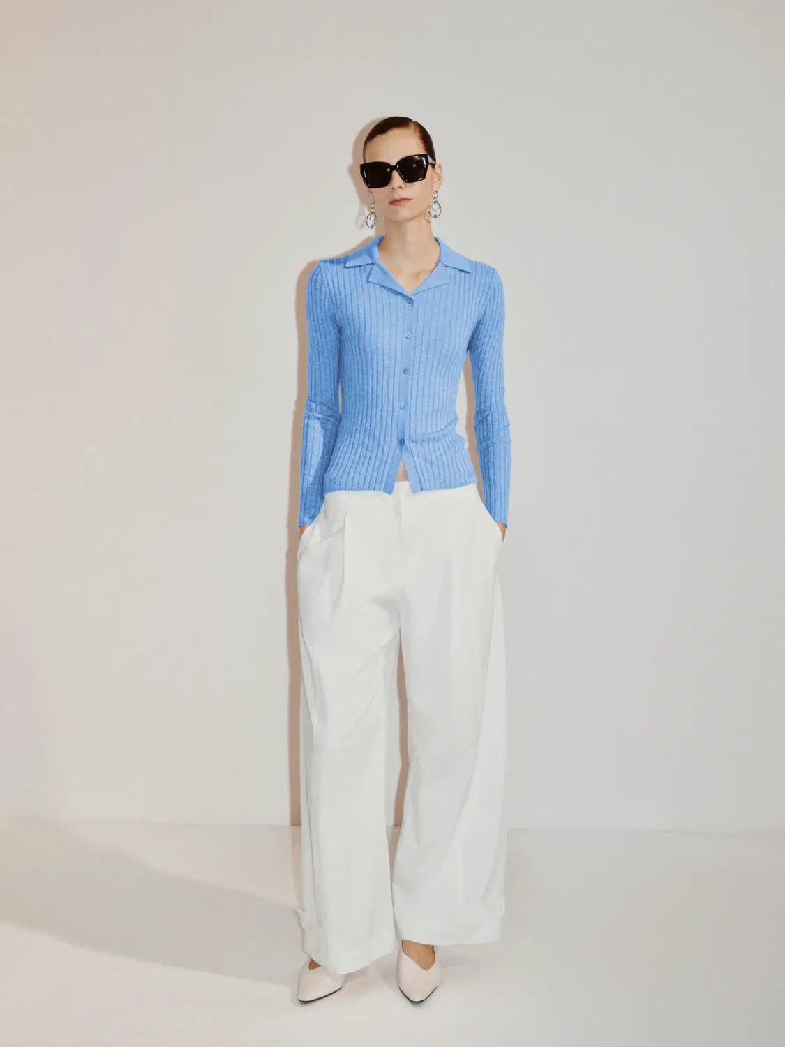 Ribbed Cotton Blend Shirt Collar Cardigan