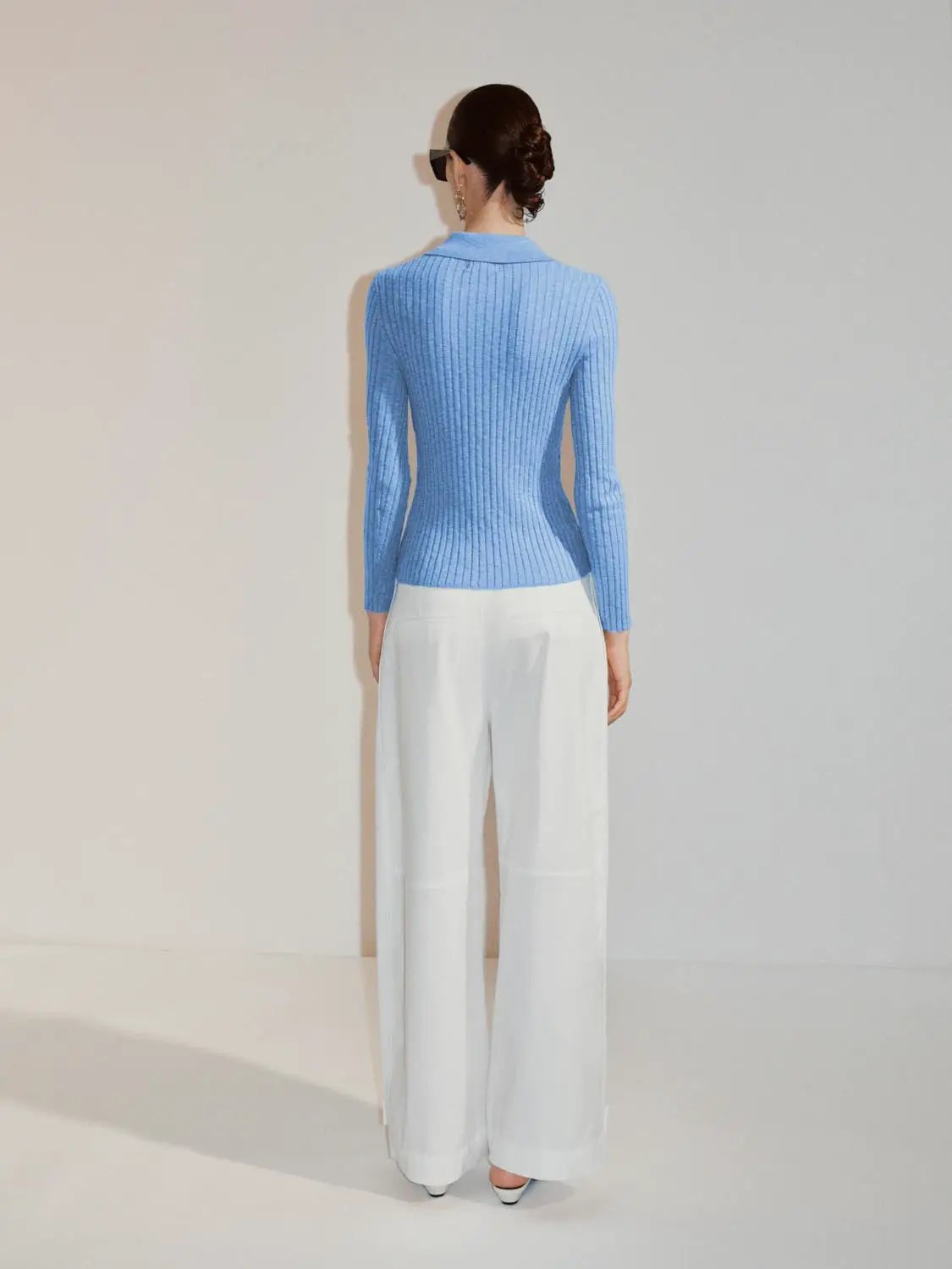 Ribbed Cotton Blend Shirt Collar Cardigan