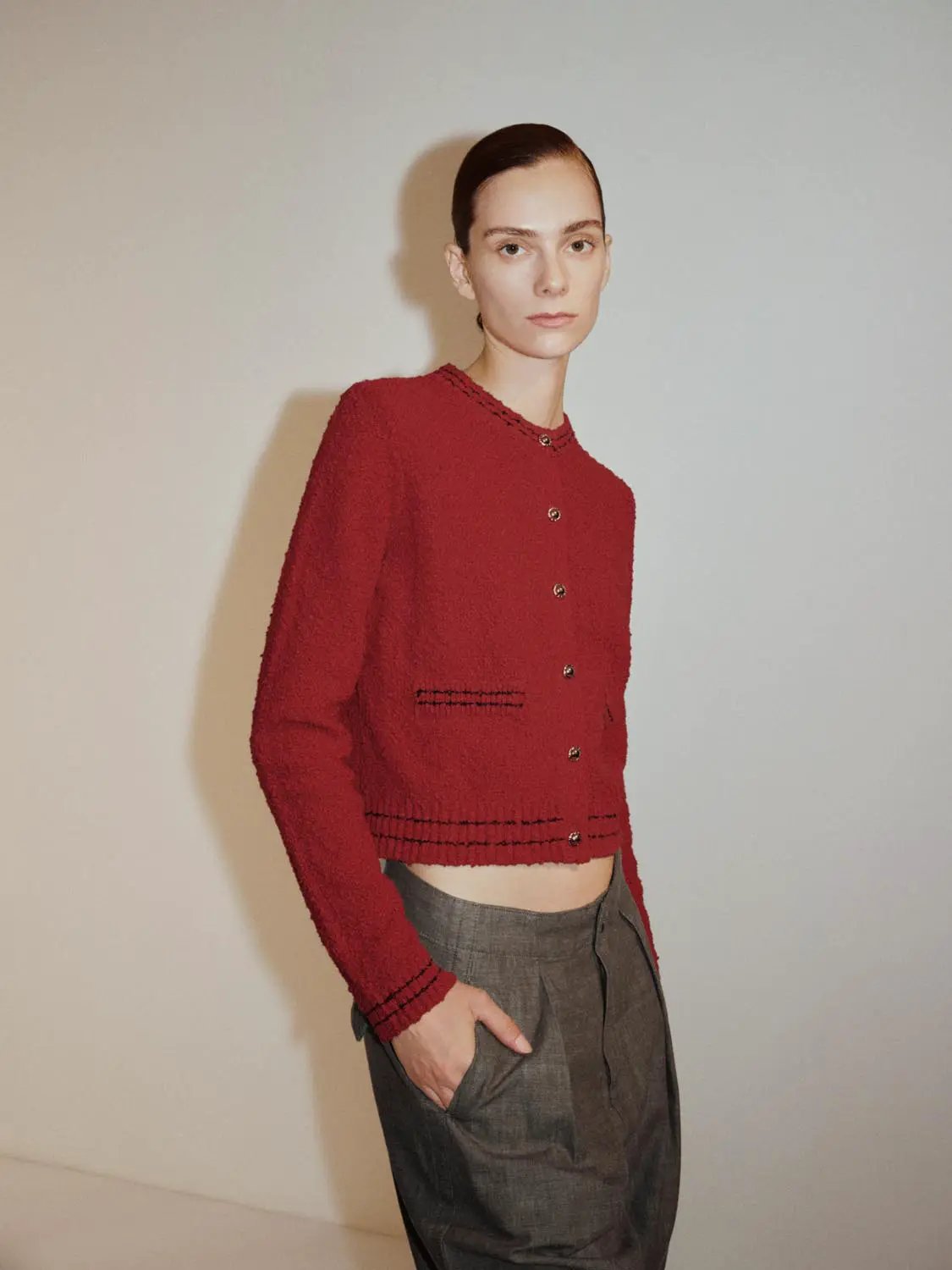 Textured Long Sleeve Cropped Cotton Blend Cardigan