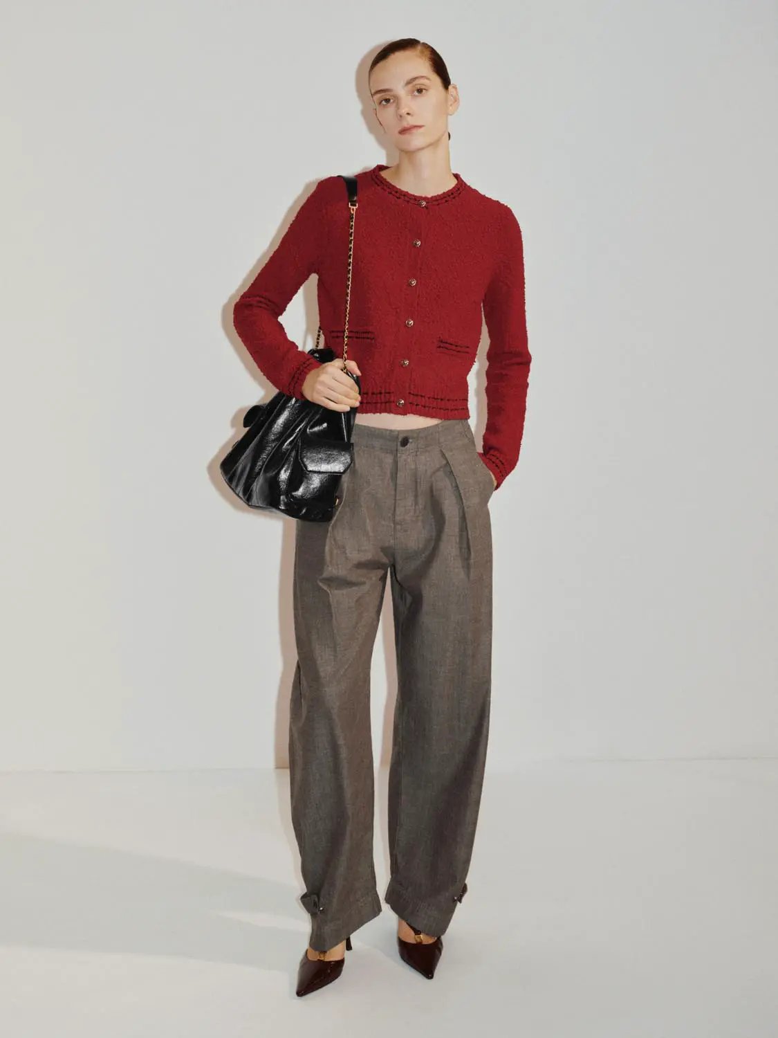 Textured Long Sleeve Cropped Cotton Blend Cardigan