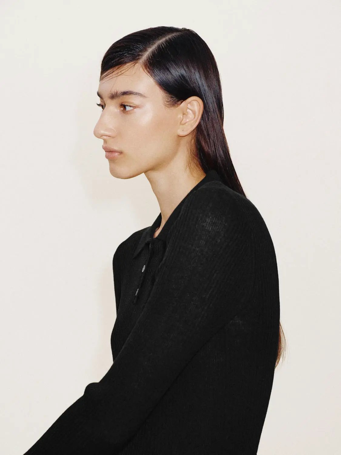 Black Fitted Ribbed Knit Long Sleeve T-shirt