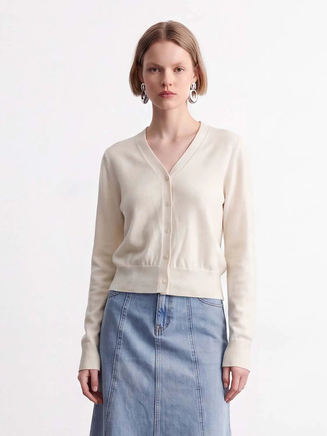 Ribbed V-neck Long Sleeve Wool Blend Cardigan