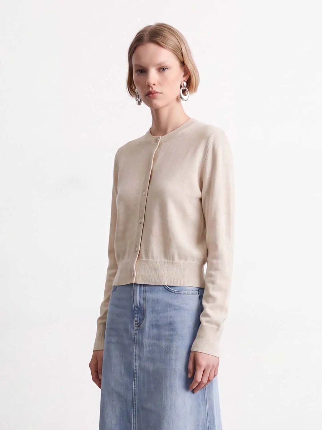 Ribbed V-neck Long Sleeve Wool Blend Cardigan