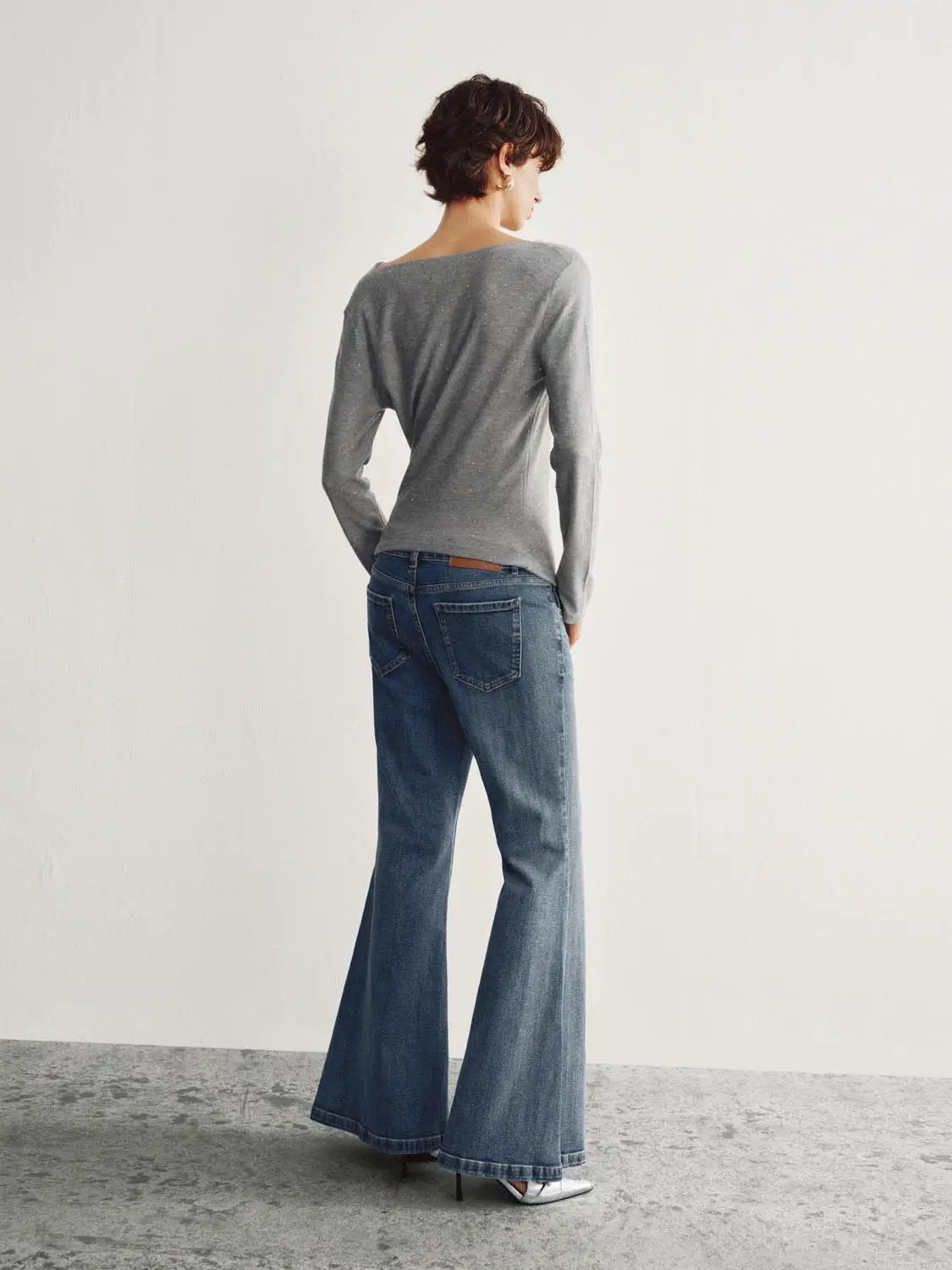 Draped Textured Fitted Long Sleeve Knit T-Shirt