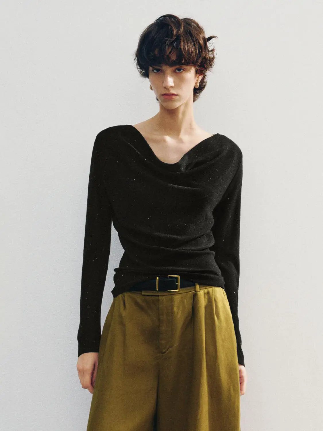 Draped Textured Fitted Long Sleeve Knit T-Shirt