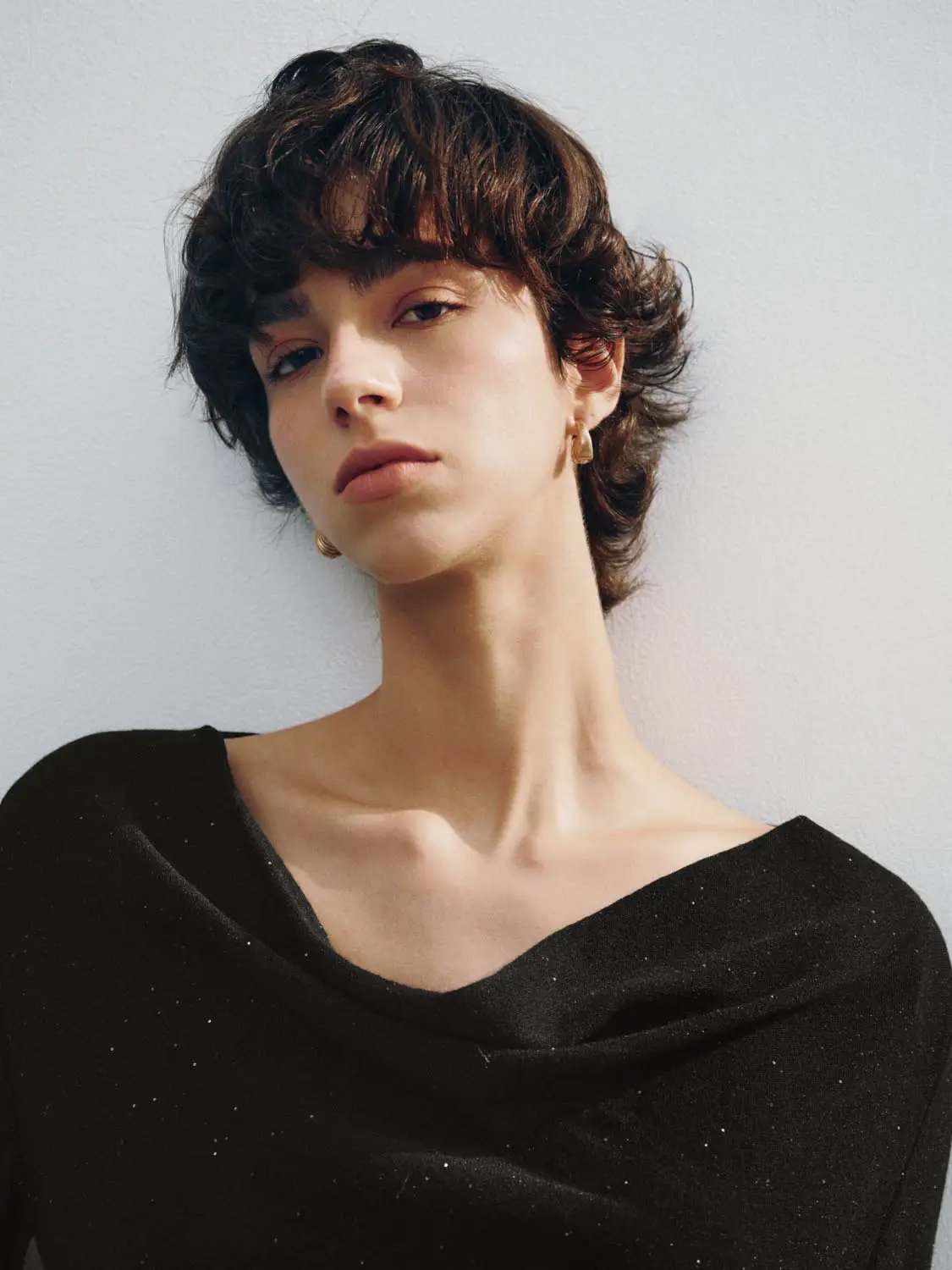 Draped Textured Fitted Long Sleeve Knit T-Shirt