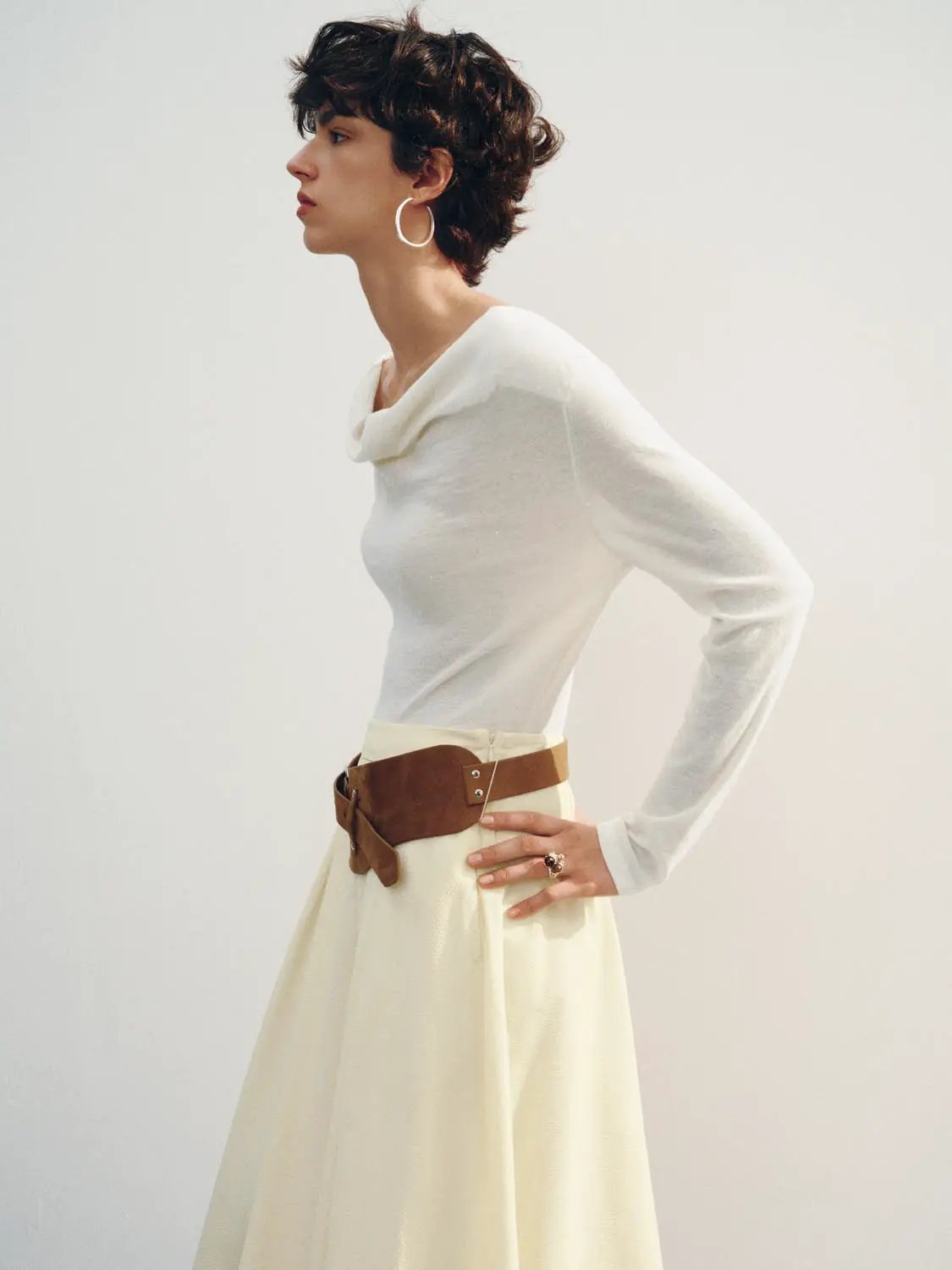 Draped Textured Fitted Long Sleeve Knit T-Shirt