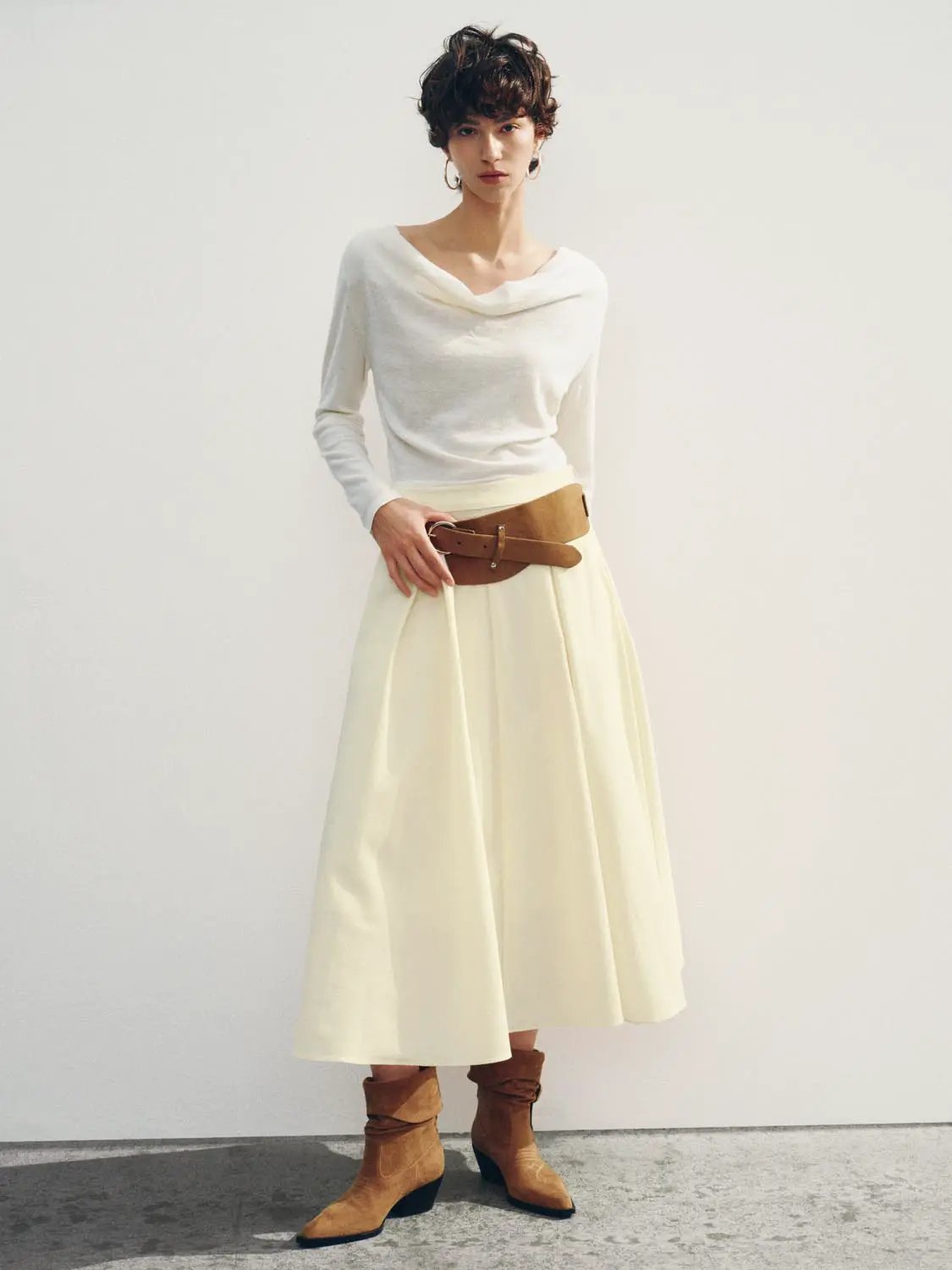 Draped Textured Fitted Long Sleeve Knit T-Shirt