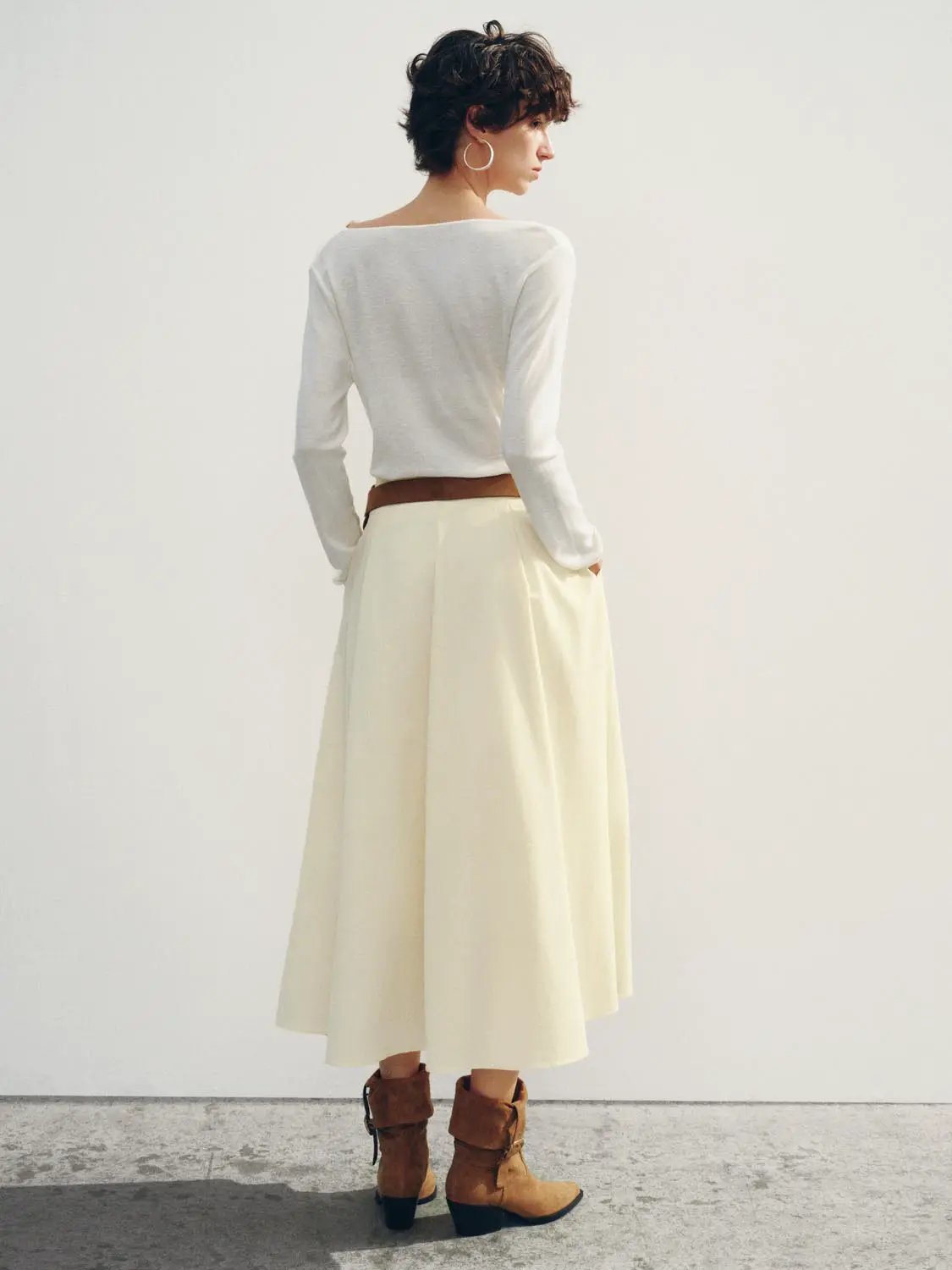 Draped Textured Fitted Long Sleeve Knit T-Shirt