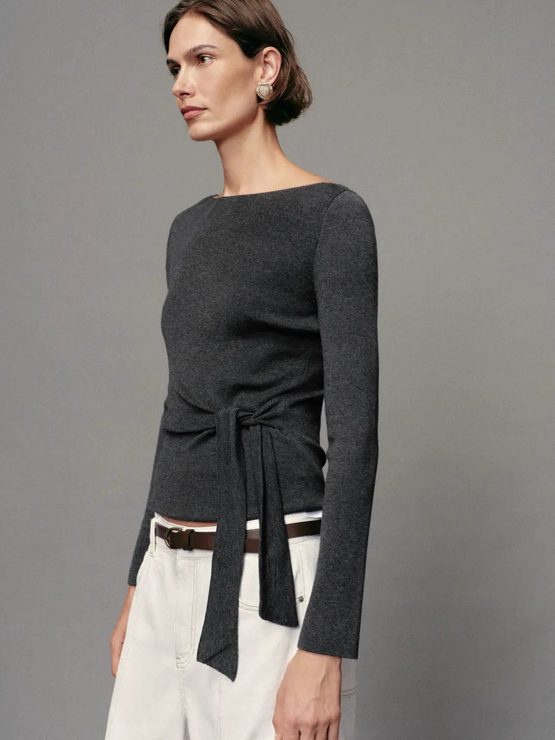 Ribbed Long Sleeve Boat Neck Tie Waist Knit Top