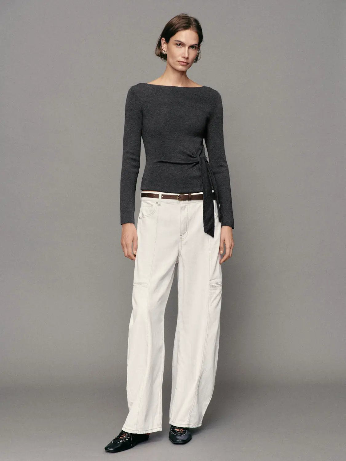 Ribbed Long Sleeve Boat Neck Tie Waist Knit Top