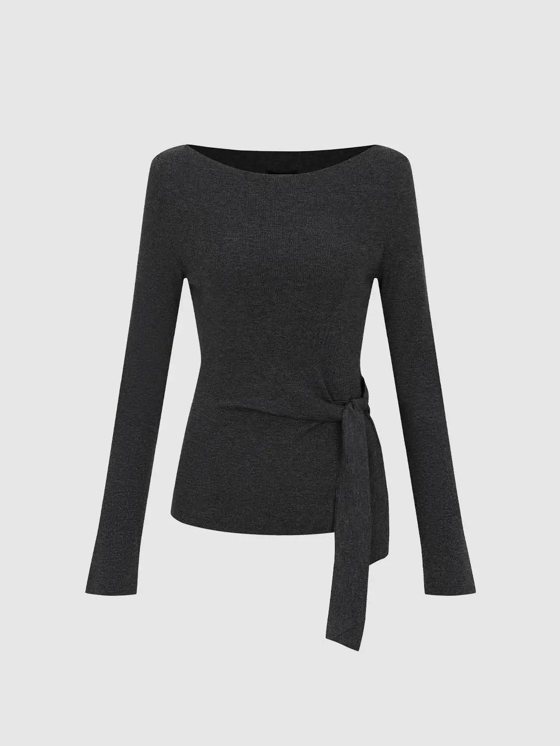 Ribbed Long Sleeve Boat Neck Tie Waist Knit Top