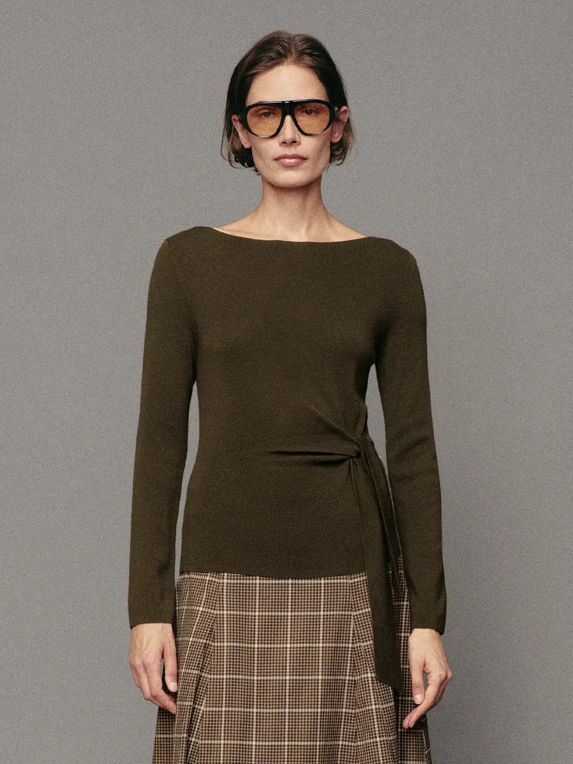 Ribbed Long Sleeve Boat Neck Tie Waist Knit Top