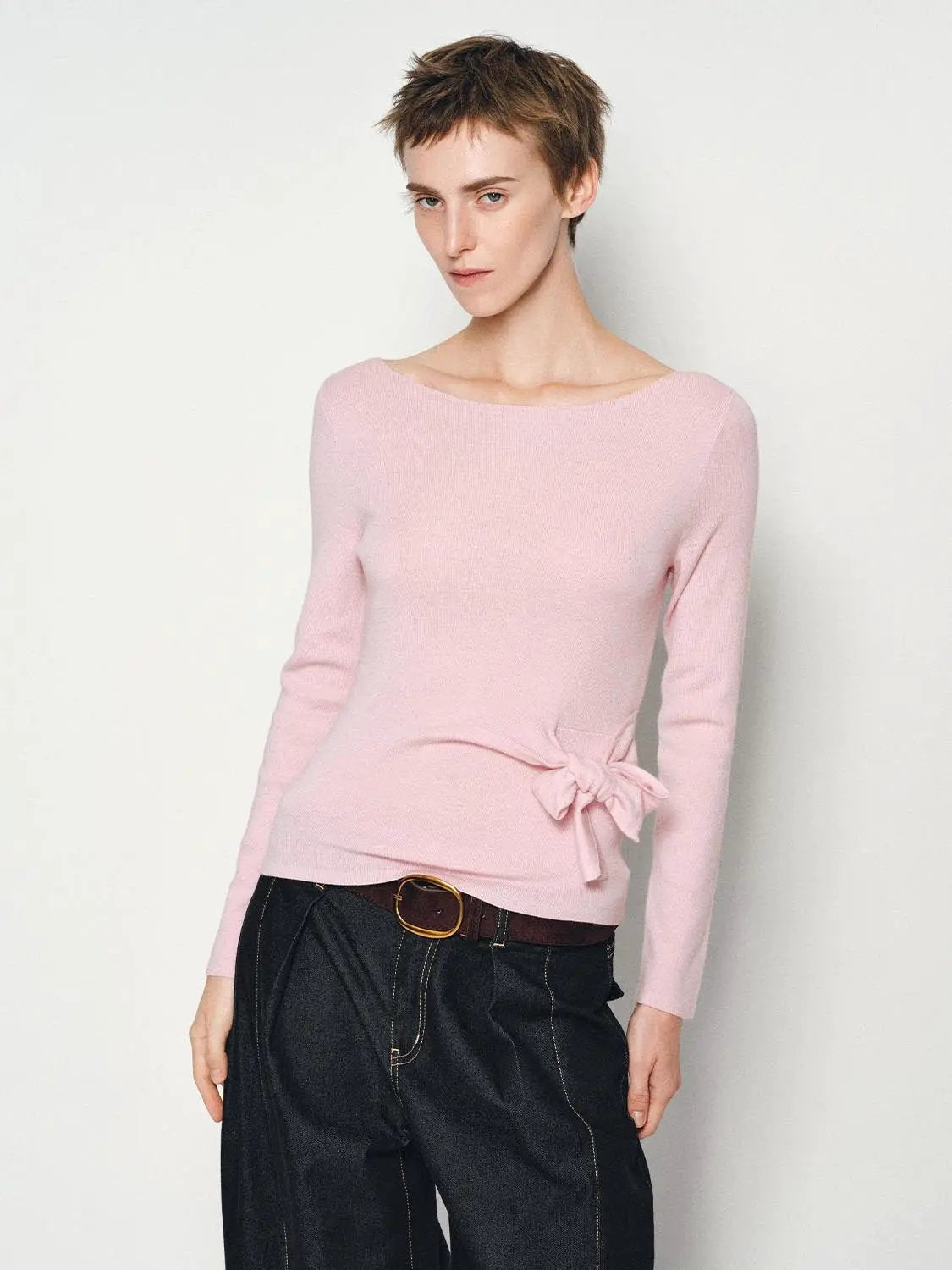 Ribbed Long Sleeve Boat Neck Tie Waist Knit Top