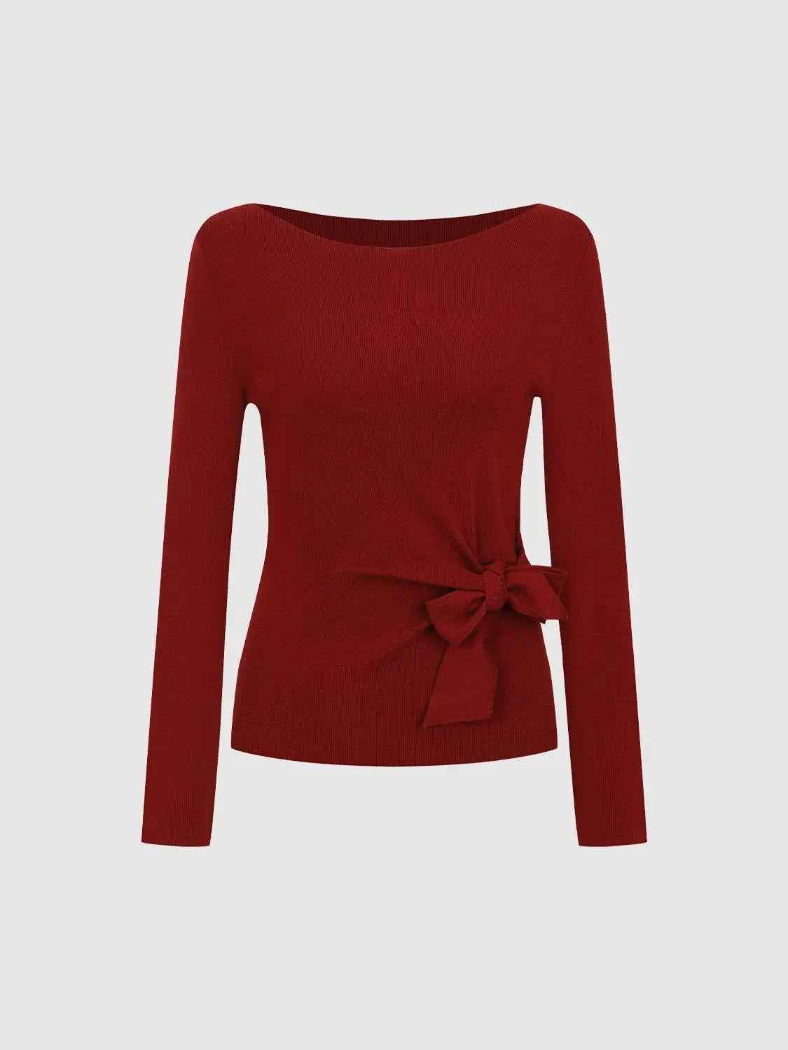 Ribbed Long Sleeve Boat Neck Tie Waist Knit Top