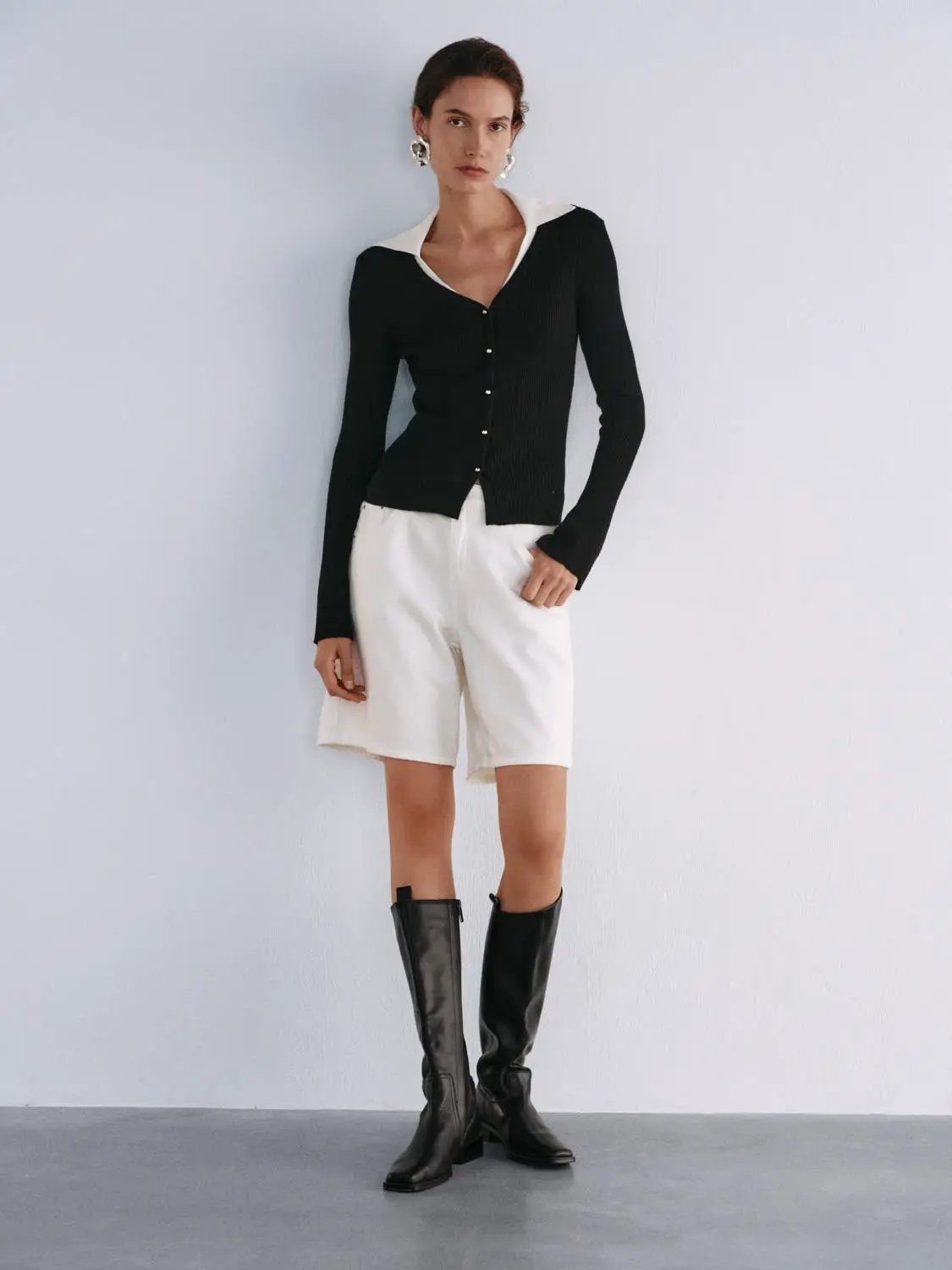 Ribbed Contrast Collar Button Front Long Sleeve Knit Jacket