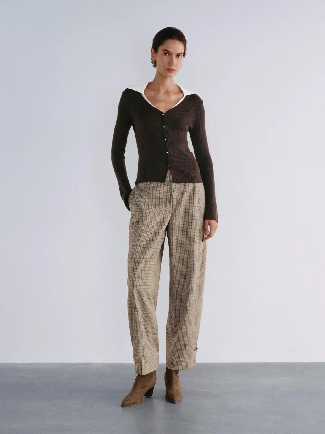Ribbed Contrast Collar Button Front Long Sleeve Knit Jacket