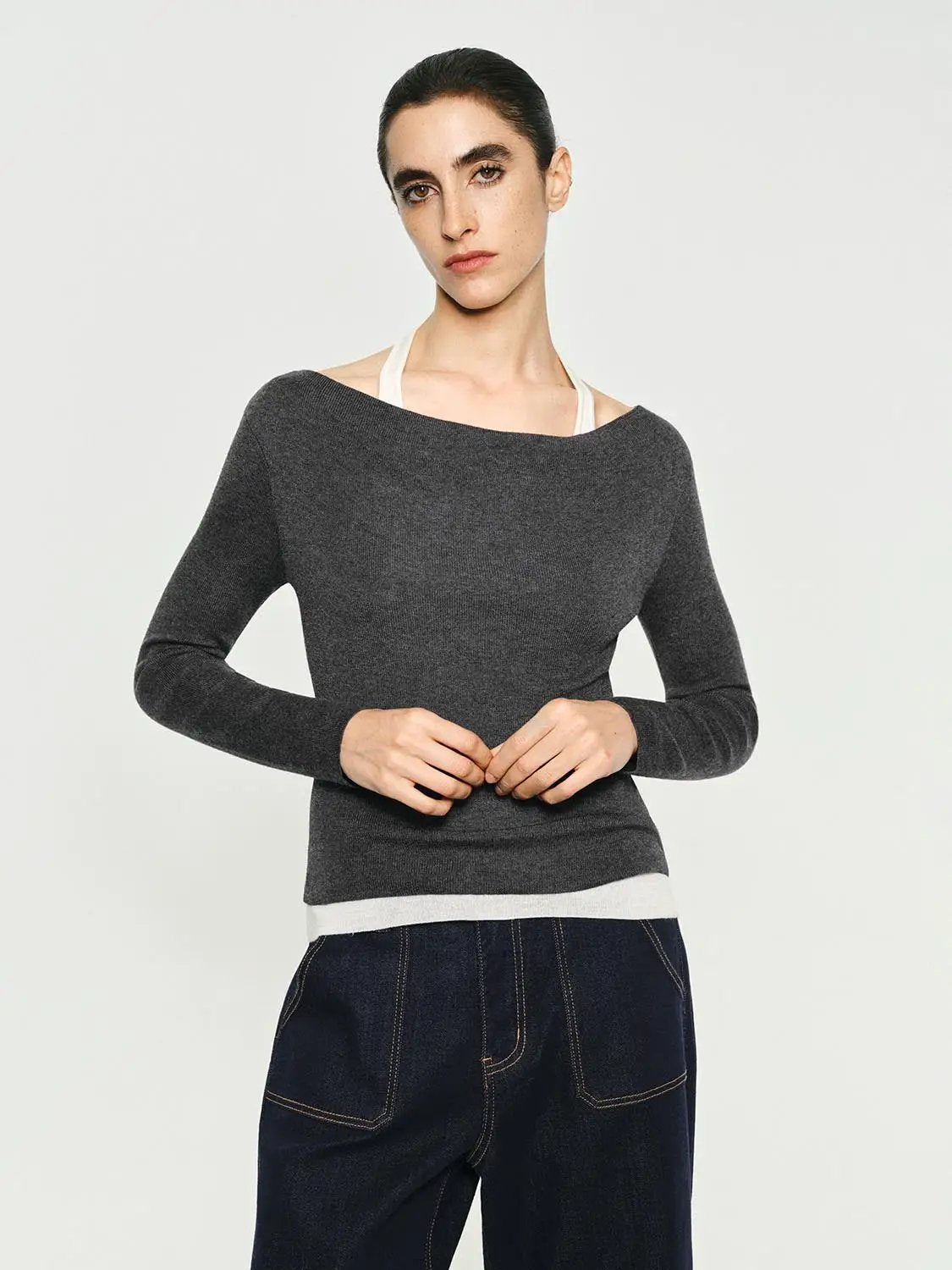 Fitted Contrast Hem Boat Neck Long Sleeve Knit Top
